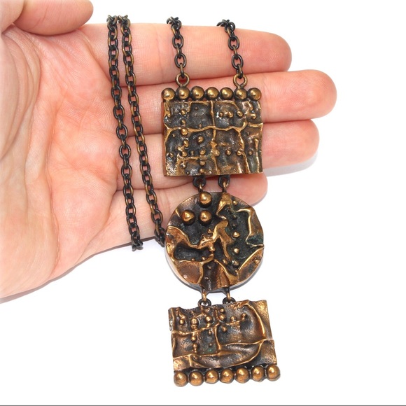 Vintage Brutalist Bronze Pendant Necklace Long Triple Panel Abstract Modernist - Picture 10 of 11